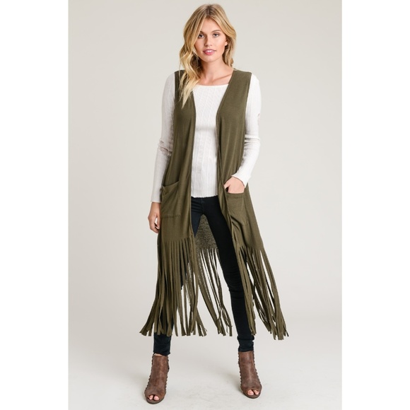 Jackets & Blazers - Long Fringe Vest Duster Front Pockets New Olive